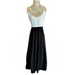 Vintage Stretch Black Cream Faux Pearl Embellishments Maxi Dress Size Medium